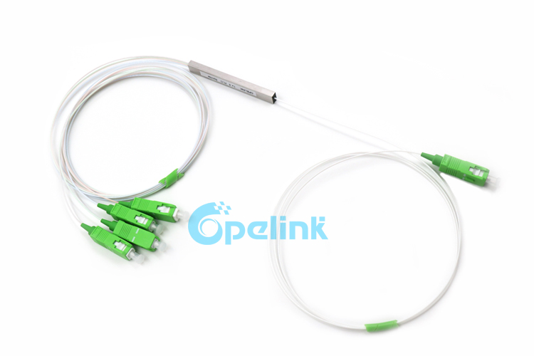 A 1X4 PLC Splitter packaged in min Blockless steel tube, high quality SC/APC SM Pigtail connection input and output, this is a product provided by Opelink