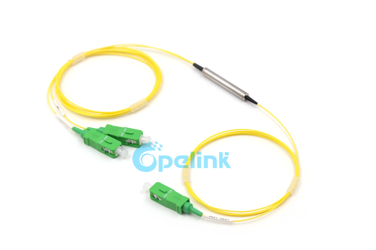A 3Port FWDM Module product in Steel Tube package, terminated with SC/APC SM pigtail, yellow cable