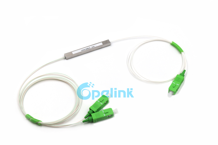 A 1X2 Fiber Splitter packaged in min Blockless steel tube, high quality SC/APC SM Pigtail connection input and output, this is a product provided by Opelink