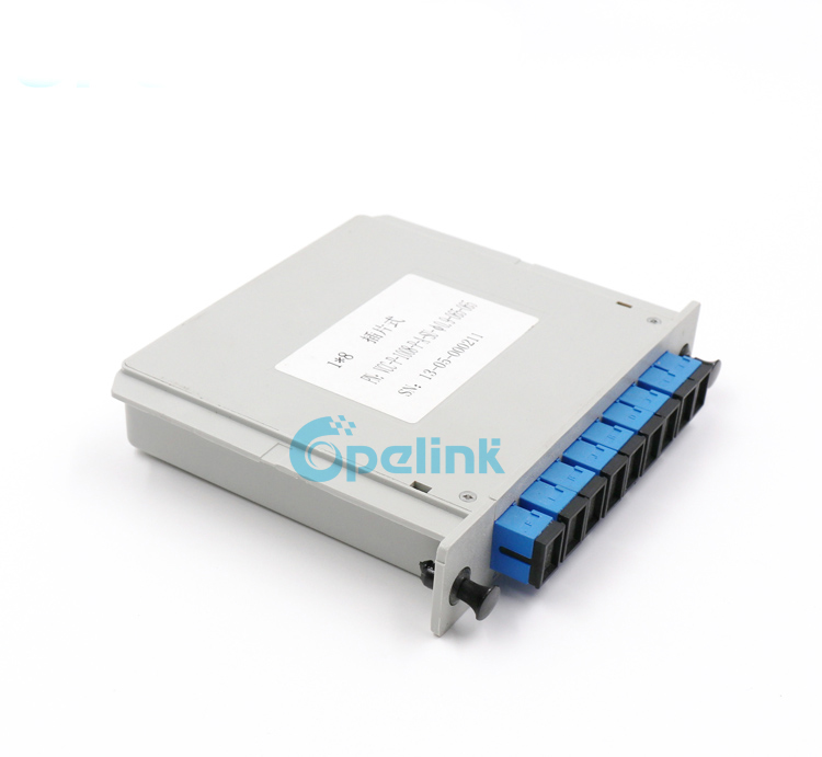 This is a cost-effective Cassette 1X8 Fiber Optic PLC Splitter product in a standard size LGX Box package, SC/PC adapter access port, easy to install, provided by OPELINK
