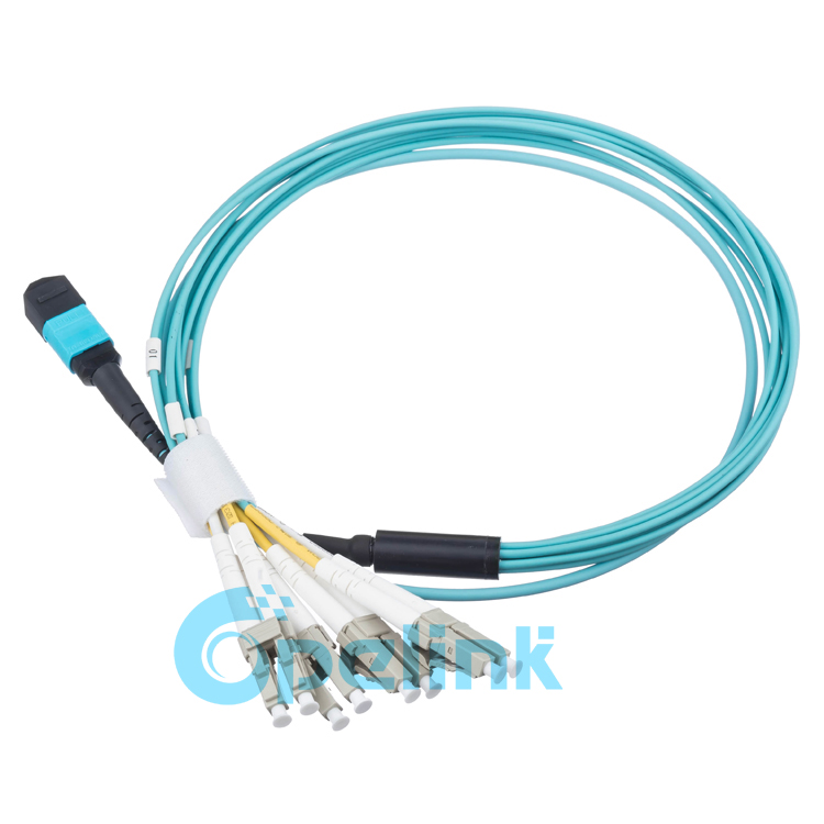 8Fibers Multimode OM3 MTP/MPO-LC Breakout Cable, Aqua color