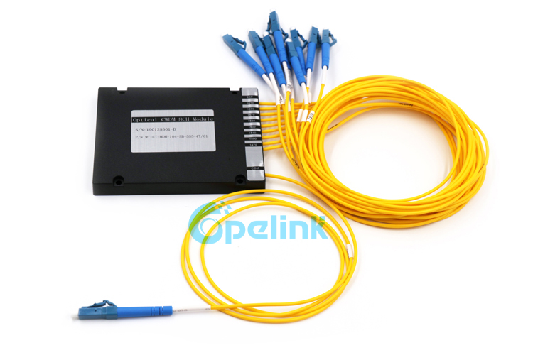 An 8CH Mux/Demux Optical CWDM Module product, in ABS BOX package, with LC/PC SM pigtail, yellow 2mm cable
