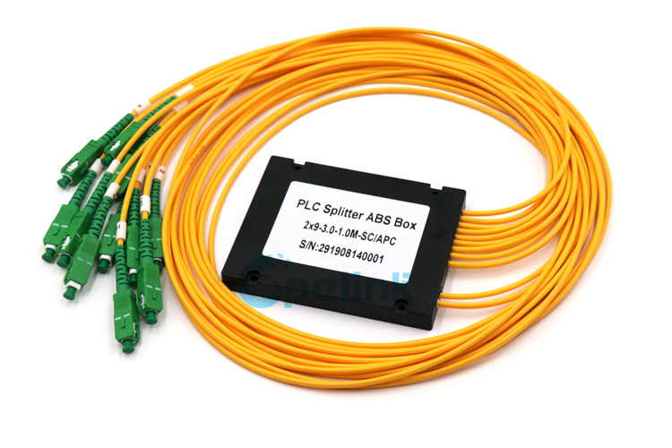This is a 2X9 Fiber Optic PLC Splitter product sold by OPELINK. The ABS BOX package ensures the safety of the PLC Splitter, and the SC/APC SM Pigtail provides excellent transmission performance