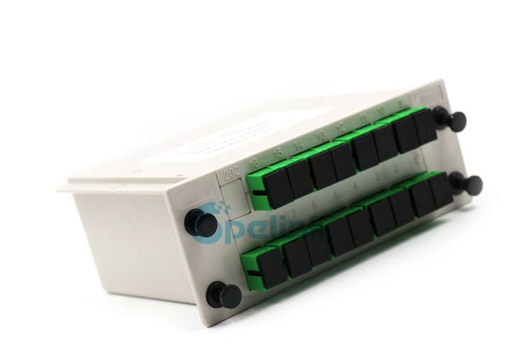 A 1X16 Optical Splitter Cassette product in standard size LGX Box package, SC/APC adapter access port, which is a competitive product provided by OPELINK