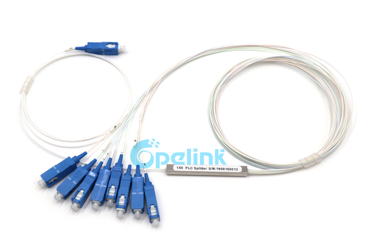 This is a 1x8 PLC splitter product sold by opelink, which is packaged with min blockless steel tube and equipped with SC / PC SM pigtail