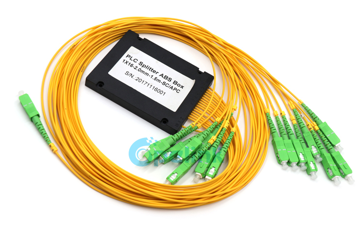 1X16 Fiber Optic PLC Splitter product in ABS BOX package, high quality SC/APC SM Pigtail connection input and output, this is a cost-effective product provided by OPELINK