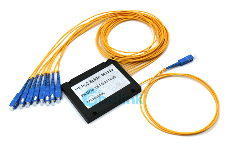 1X8 Fiber Splitter product in ABS BOX package, high quality SC/PC SM Pigtail connection input and output, this is a cost-effective product provided by OPELINK