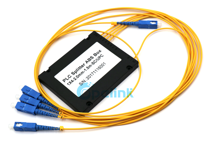 1X4 Fiber Optic PLC Splitter product in ABS BOX package, high quality SC/PC SM Pigtail connection input and output, this is a cost-effective product provided by OPELINK