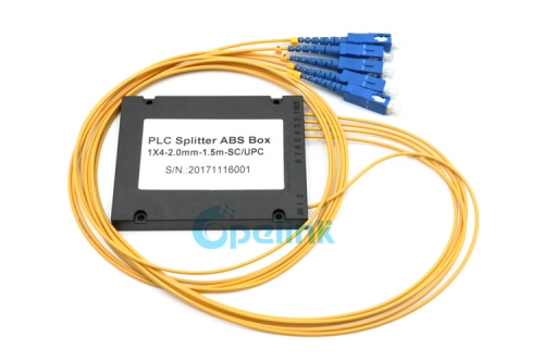 1X4 Fiber Optic PLC Splitter, SC/PC, Plastic ABS Box Packaging