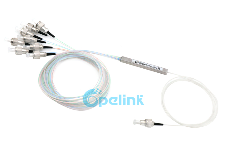 This is a 1X8 Fiber Optic PLC Splitter product sold by opelink, packaged in min Blockless steel tube, FC/PC SM Pigtail provides excellent transmission performance