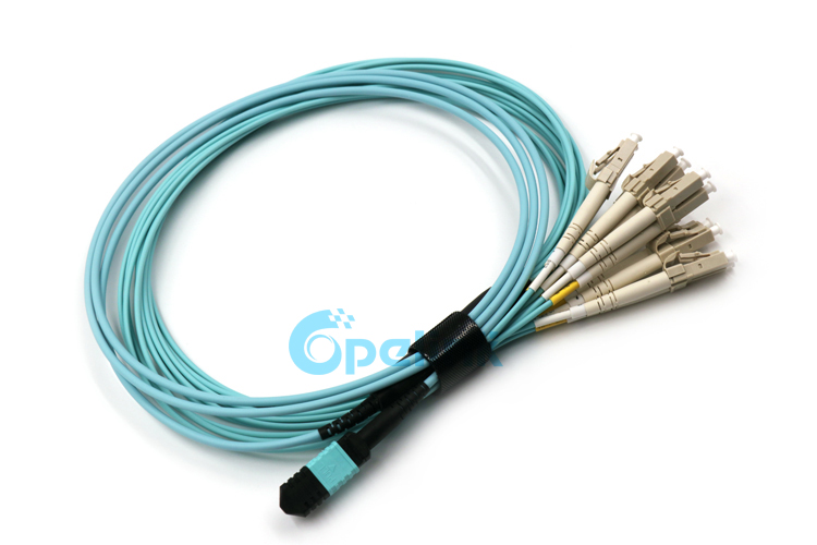 12 Fibers OM3 MPO-LC Fiber Optic Patch cable, Aqua color